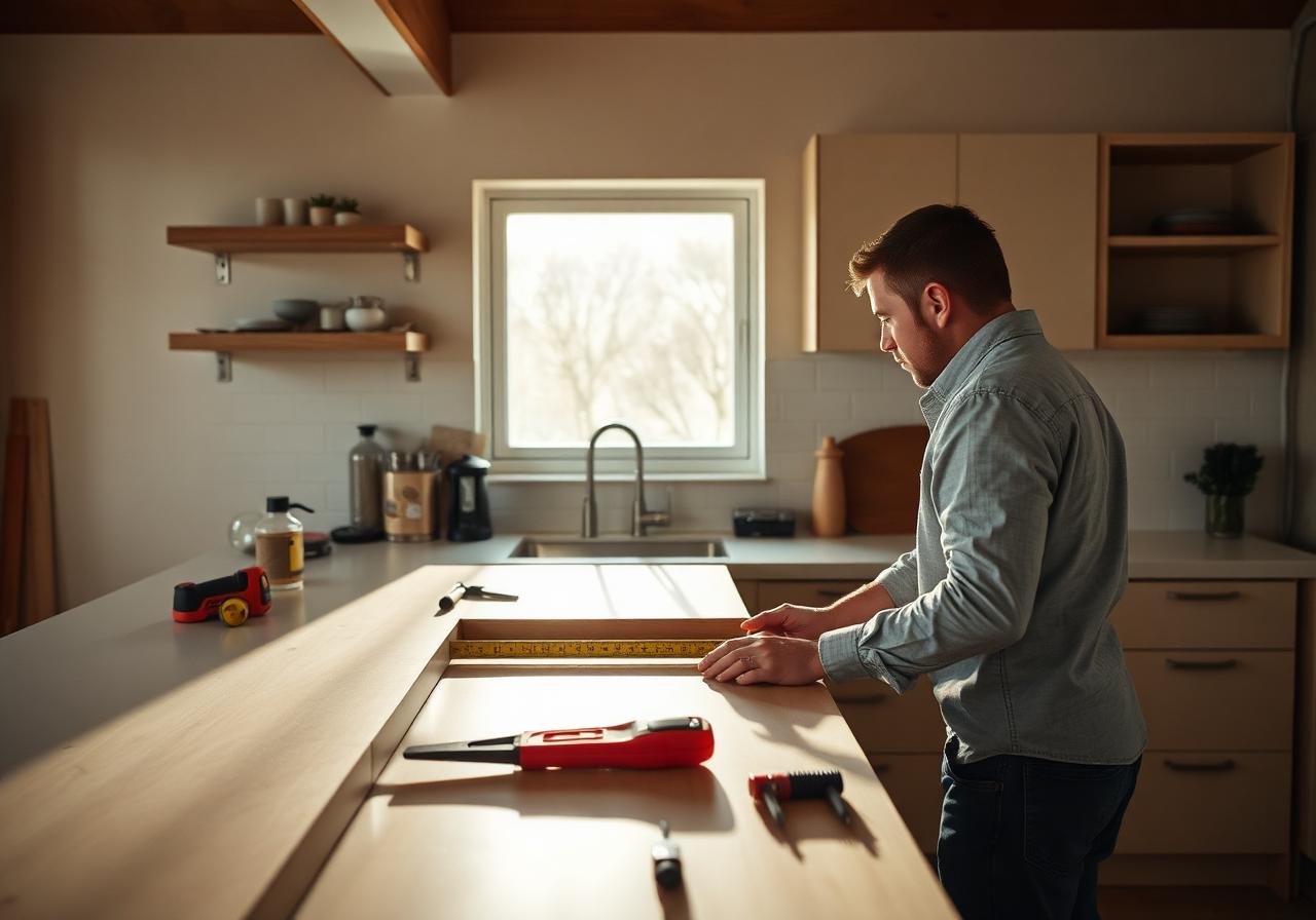 Installer measuring countertop