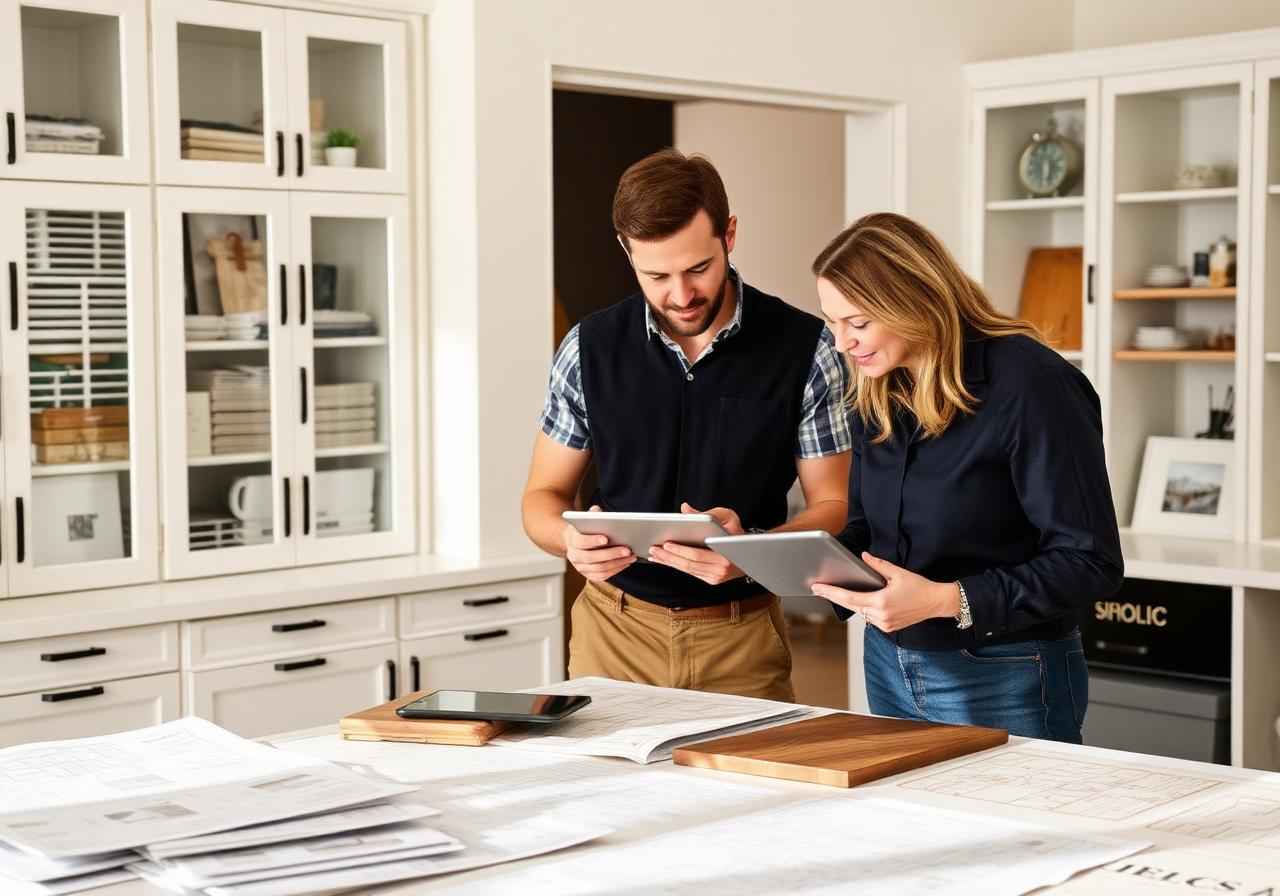 Designer and contractor reviewing project on tablets